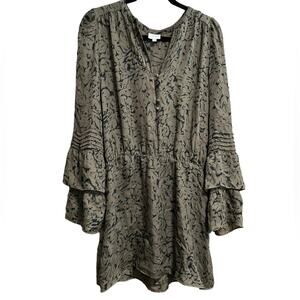 PARKER 100% Silk Double Flared Ruffle Sleeve Mini Dress Tunic in Olive Green